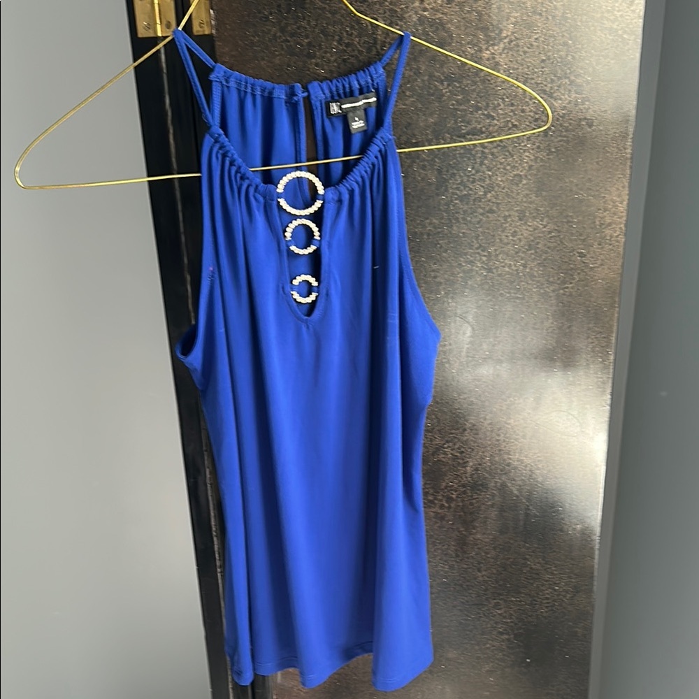 INC International Concepts Blue Tank with jewels at the neckline.